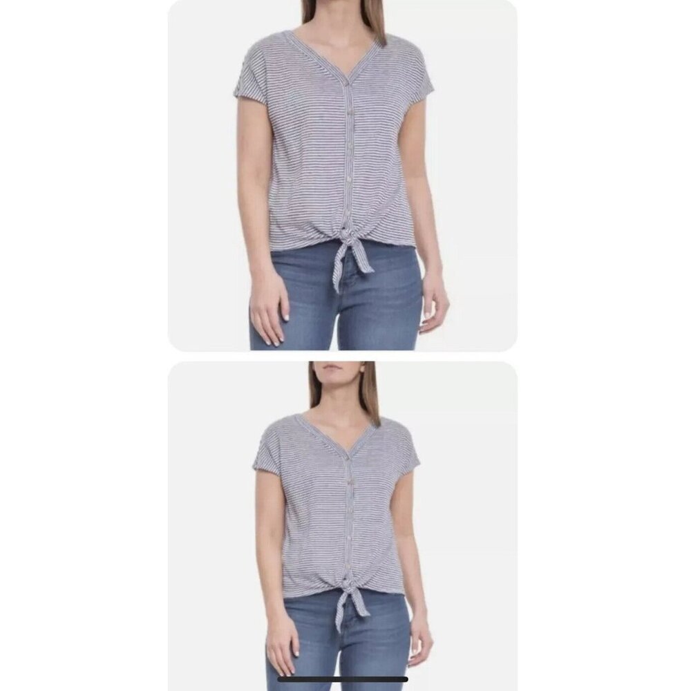 Rachel Zoe 100% Linen Blue Striped Tie-Front Short Sleeve V-Neck Top Size Medium